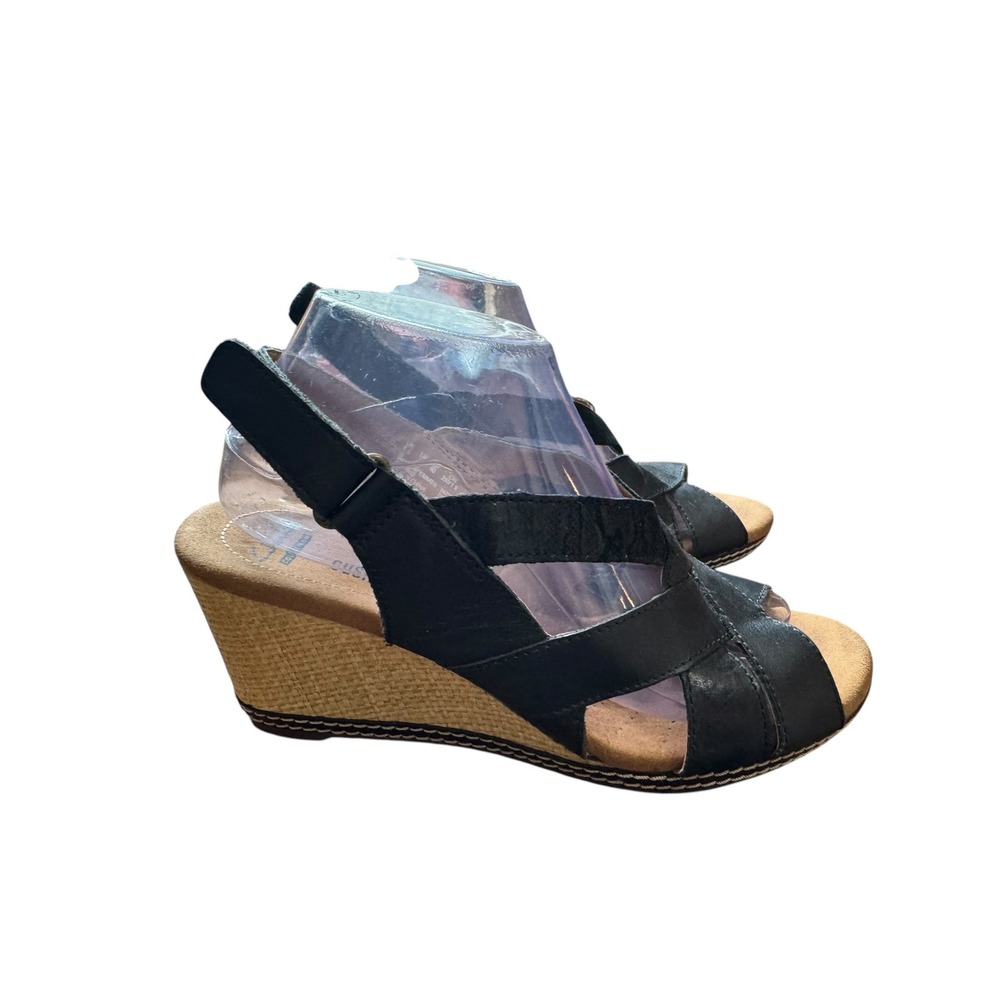Clarks Wedge Sandals Women 9 Black Excellent Strappy Slingback Cushion Soft